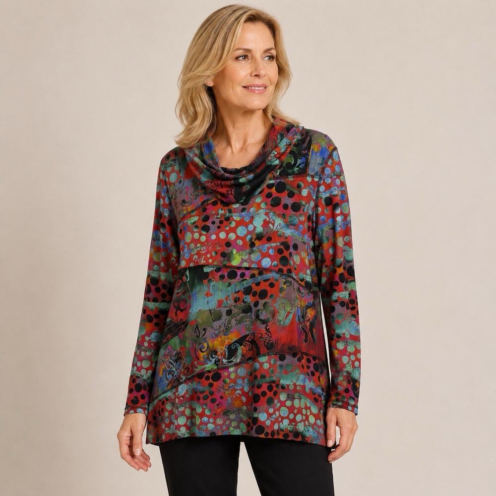 Sno Skins Tunic XL Cowl Neck Multi-Color Abstract Polka Dot Long Sleeve Pullover